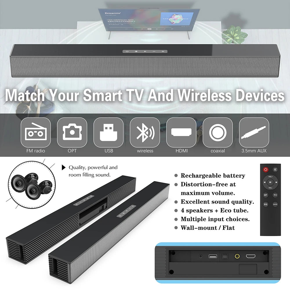 20W Wireless Column Soundbar Bluetooth Speaker Powerful 3D Music Sound bar Home Theater Aux 3.5mm rca TF card For TV PC BS18B