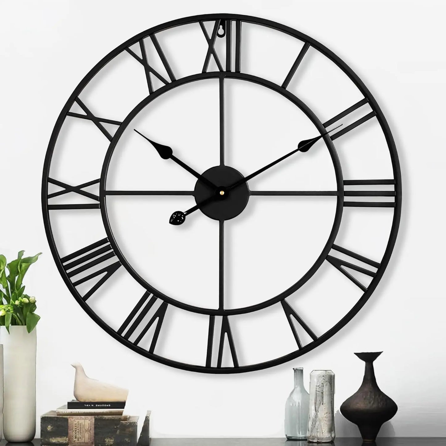 Wall Clock Silver, Oversized Big Roman Numeral