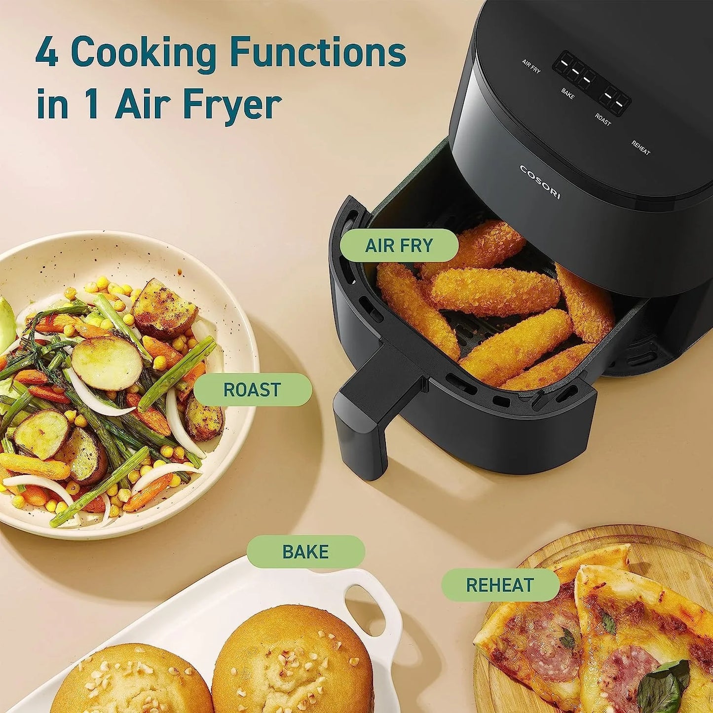 Mini Air Fryer 2.1 Qt, 4-in-1 Small Airfryer, Bake, Roast, Reheat, Nonstick and Dishwasher Safe Basket, 30 In-App Recipes, Gray