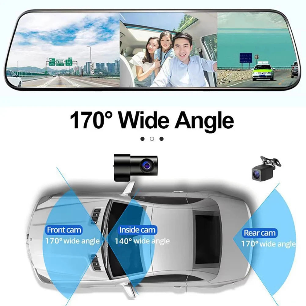 3 Channels Mirror Camera Car Full Touch Screen Video Recorder Rearview Mirror Dash Cam Front Rear Camera Mirror DVR Black Box