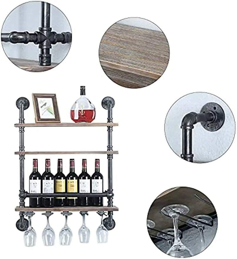 Industrial Pipe Shelf Wine Rack Wall Mounted with Stem Glass Holder