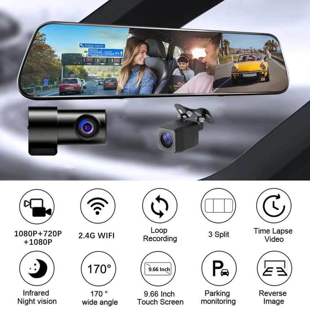 3 Channels Mirror Camera Car Full Touch Screen Video Recorder Rearview Mirror Dash Cam Front Rear Camera Mirror DVR Black Box