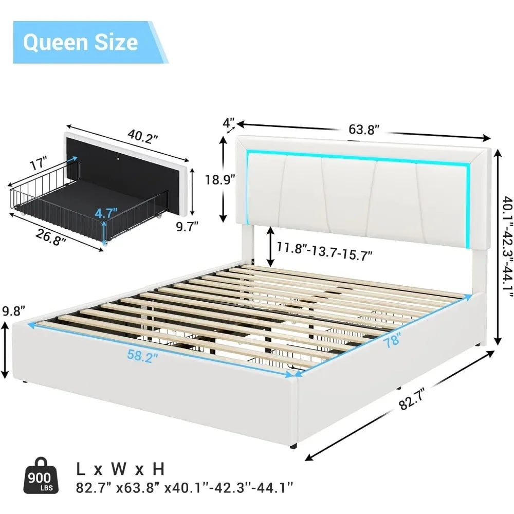 Queen Size LED Bed Frame, with Storage Drawer and USB Port.