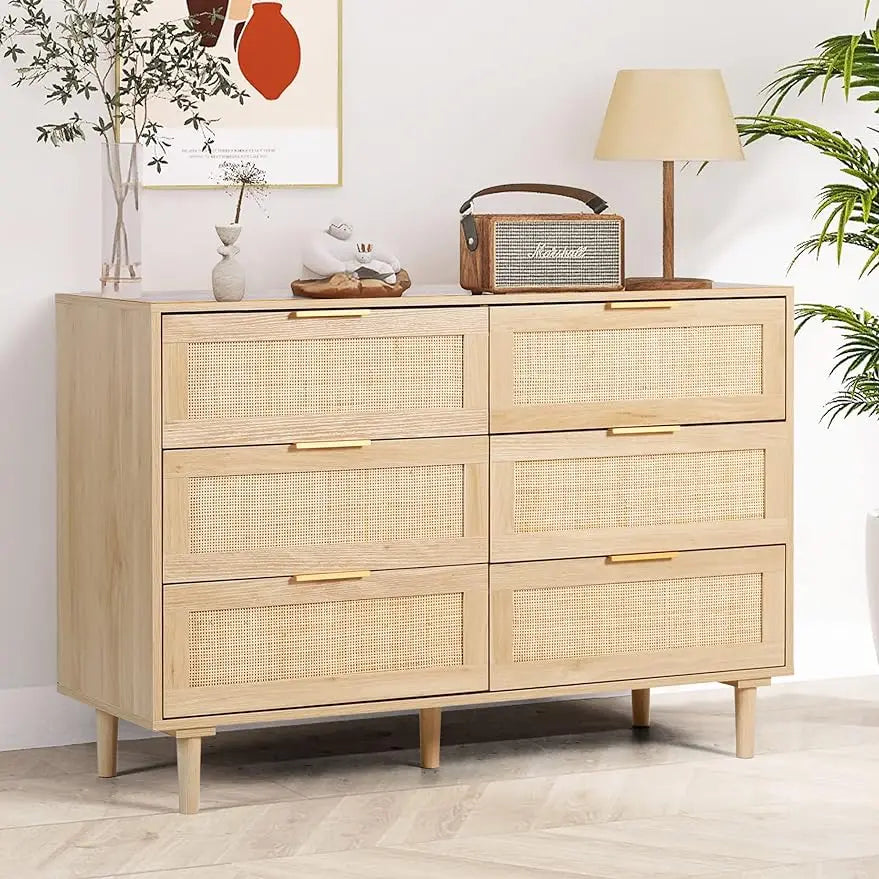 6 Drawer Dresser Rattan Dresser Modern Chest with wooden drawers