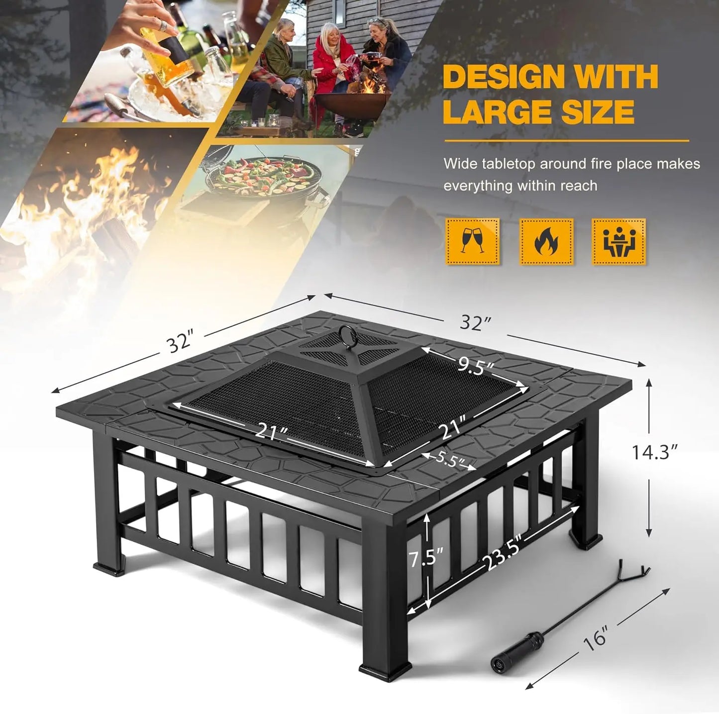 32 inch Metal Outdoor Fire Pit Table