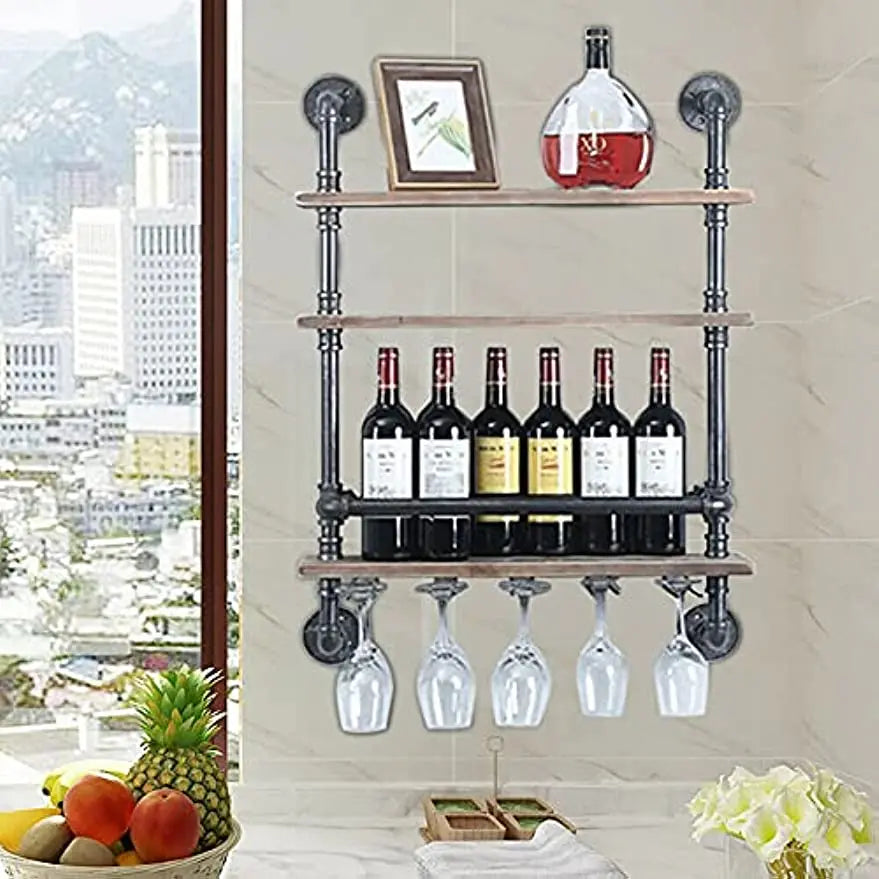 Industrial Pipe Shelf Wine Rack Wall Mounted with Stem Glass Holder