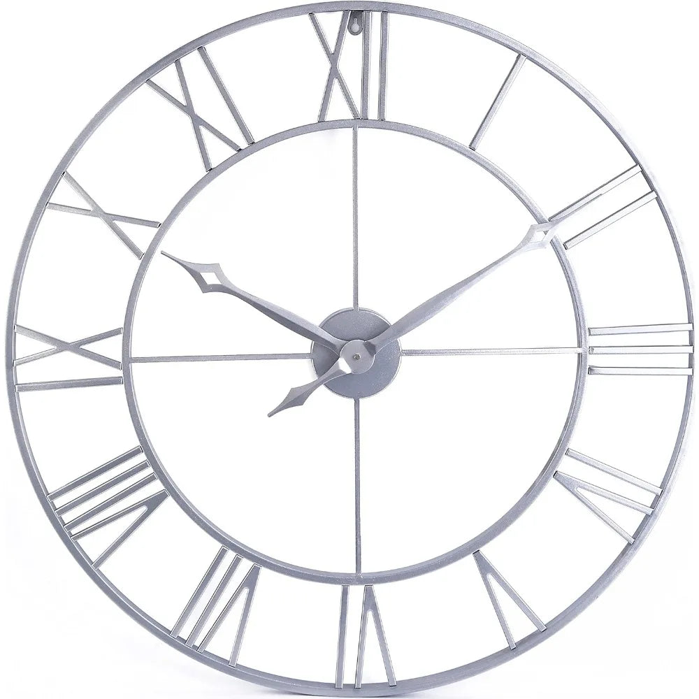 Wall Clock Silver, Oversized Big Roman Numeral