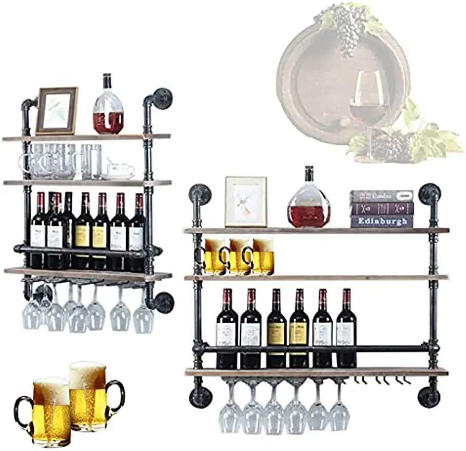 Industrial Pipe Shelf Wine Rack Wall Mounted with Stem Glass Holder