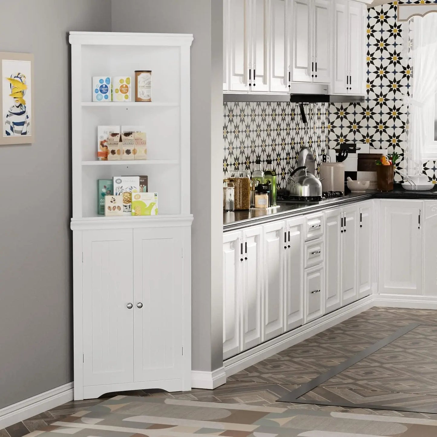 Corner Cabinet Corner Bathroom Cabinet with 2 Doors and 3 Tier Shelves.