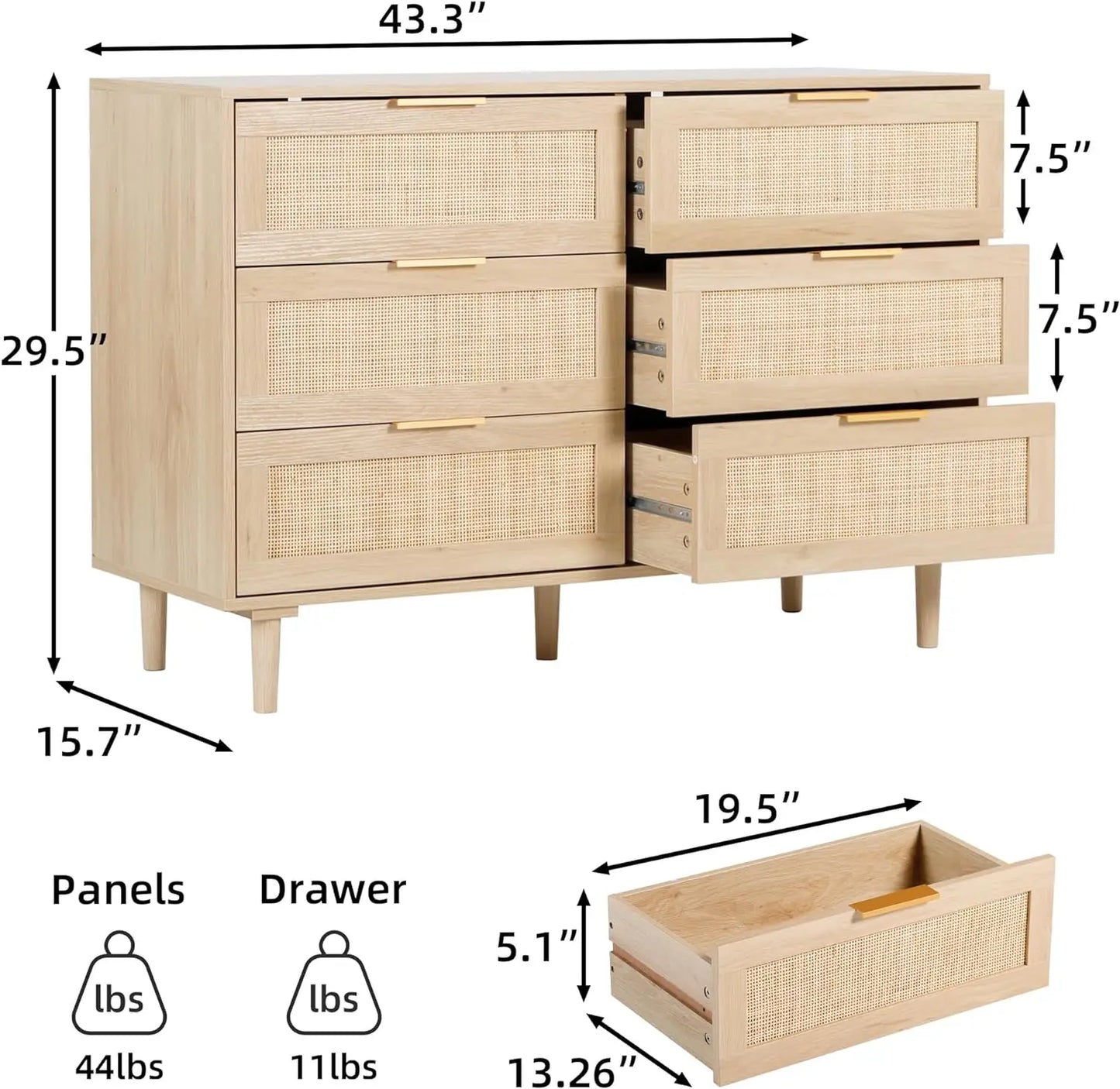 6 Drawer Dresser Rattan Dresser Modern Chest with wooden drawers