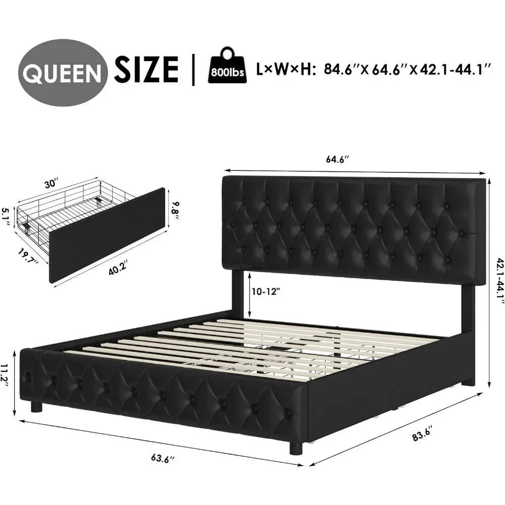 Queen Size Bed, with 4 Storage Drawers.