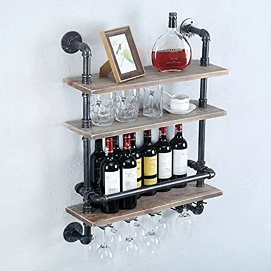 Industrial Pipe Shelf Wine Rack Wall Mounted with Stem Glass Holder